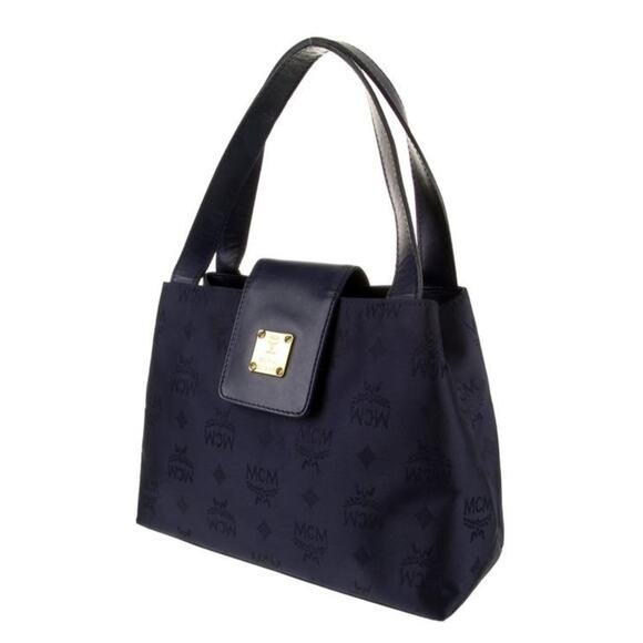 MCM Navy Blue Signature Jacquard and Leather Gold Hardware Satchel (MCXX161) - Picture 2 of 6